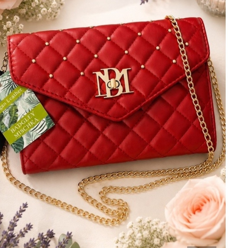 Badgley Mischka Red Quilted Vegan Leather Studded Crossbody Clutch Bag NEW